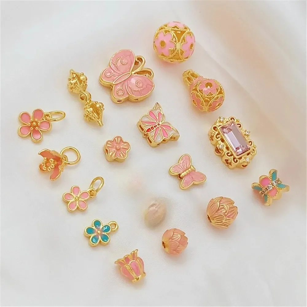 

Cherry Blossom Pink Cloisonne Blue Peach Blossom Lotus Bud Butterfly Hollowed-out Ball DIY Handmade Bracelet Necklace Loose Bead