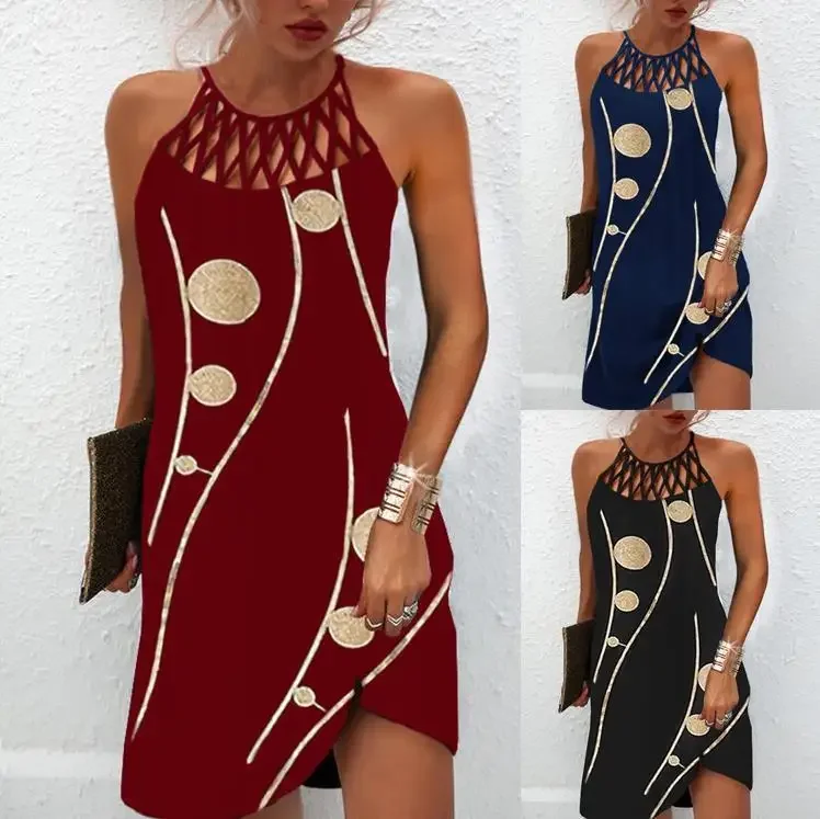 Women Spring Summer Dress Skirt Printing Color Sleeveless O Neck Hollow Out Sheath Sexy Casual Fashion Comfortable Regular Dress