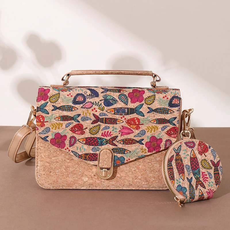 

3pcsCrossbody Bags Retro Cork Leather National Printing Patchwork Plain Large Capacity Flap Cover Shoulder Bag With Coin Purses