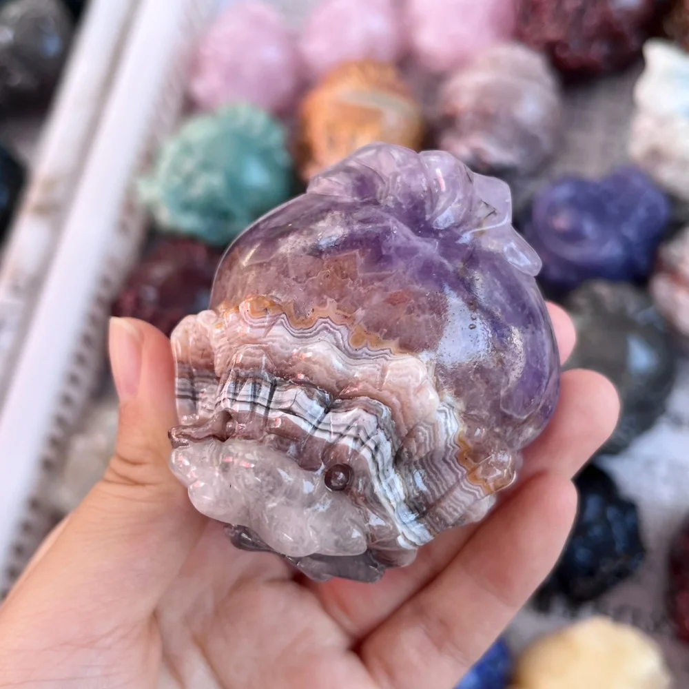 Natural Amethyst Agate Carved Pixiu Dragon Turtle Figurine Energy Healing Crystal Animal Statue Home Decoration Holiday Gift 1PC