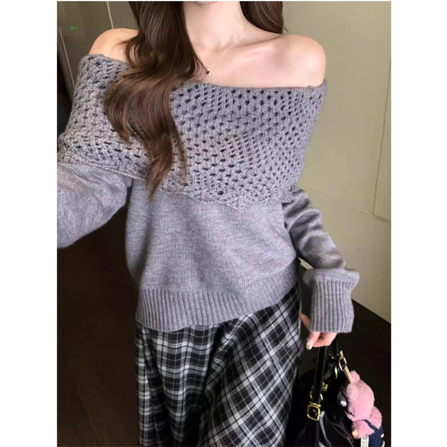2026 Korean Style One-Shoulder Hollow Long Sleeve Knit Sweater Thickened Lazy Style Overhead Shoulder Bared Base Top for Women