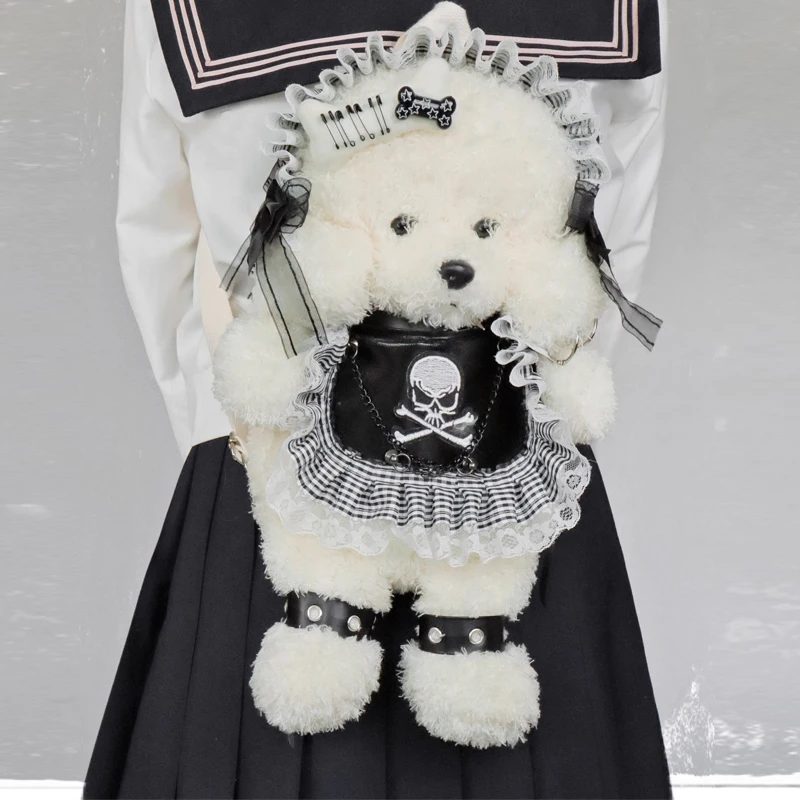 

Handmade Gothic Skull Chain Backpack Halloween Cos Tote Handbag Lolita Y2K Girl Fluffy Lace Bow Cute Dog Bunny Harajuku Doll Bag