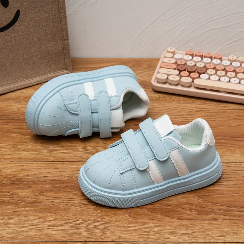 Flat Shell Toe Sneakers for Little Kids Hook‑Loop Stripe Soft Non‑Slip Sole Comfort Daily Walking Casual Thick Soled Kids Shoes