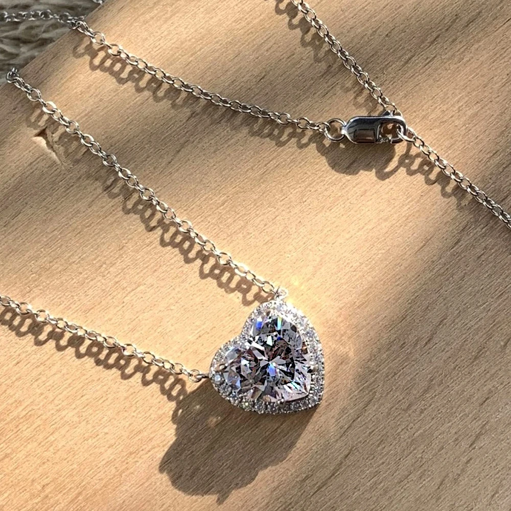 True S925 Silver Heart Necklace Women 10mm Heart Diamond Pendant Necklace Female Luxury Jewelry Shining 5A Zircon Girl Gift Lady