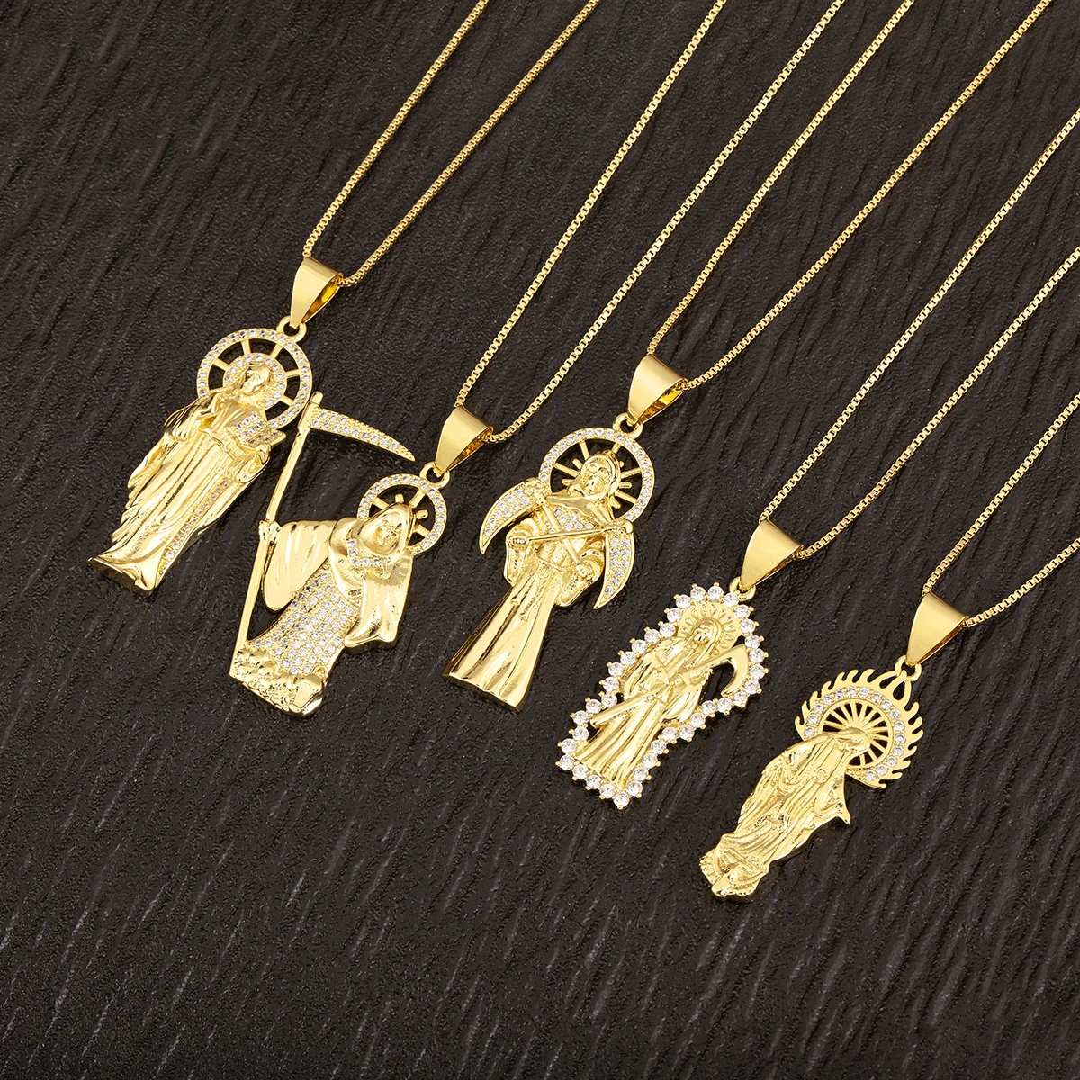 Collar con colgante de circonita brillante de Madonna Death Scythe de alta calidad para mujeres y hombres estilo religioso 5 estilos joyería a elegir