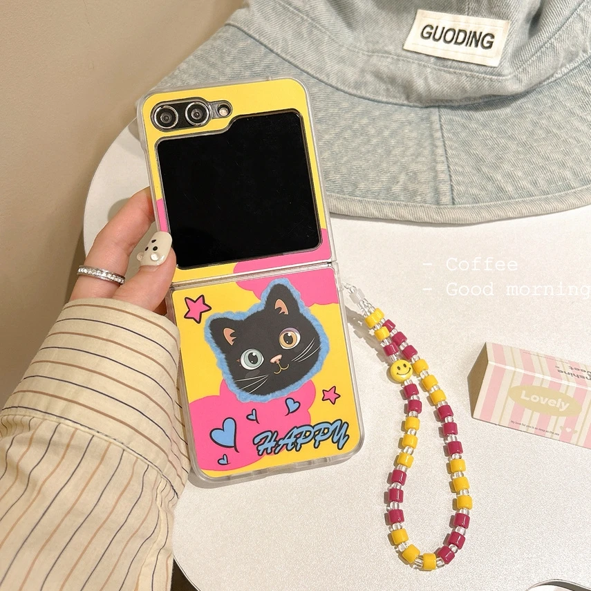 Caso de telefone com corrente para Samsung Galaxy Z Flip, linda pulseira gato dos desenhos animados, capa dobrável, contraste cor, Flip 4, Flip 3, 5, linda