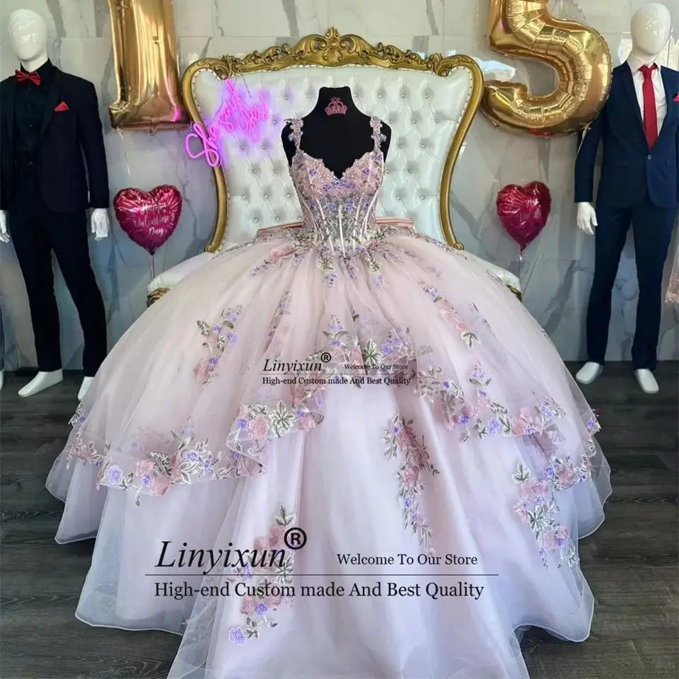 

Роскошные розовые платья для Quinceanera 2024 бальное платье с кружевной аппликацией милое платье принцессы 16 для дня рождения женское платье на шнуровке платье 15