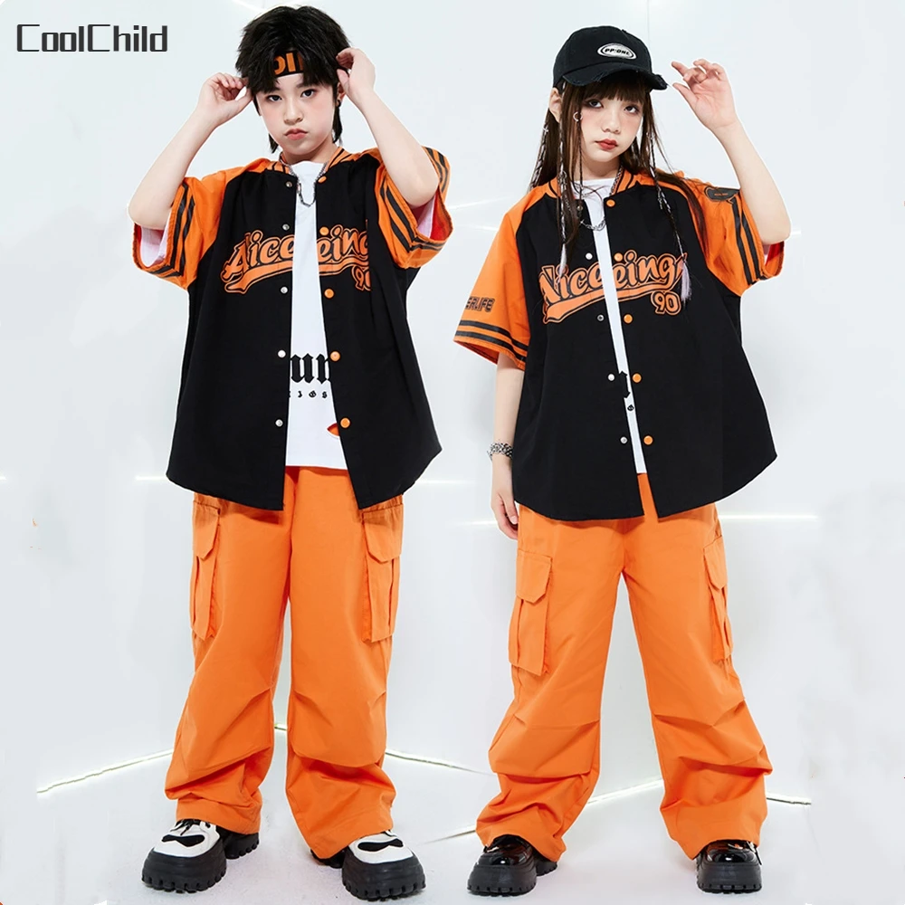 Hip Hop Boys Short Sleeve Baseball Jacket Cargo Pants Girls Streetwear Cool Coat Child Jazz Clothes Set Kid Street Dance Costume