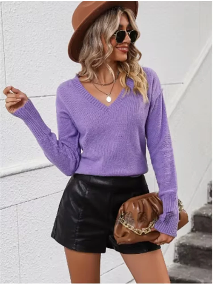 Modny elegancki sweter damski z długim rękawem w jednolitym kolorze z dekoltem w szpic Wakacje Randki Casual Wygodny jesienny top