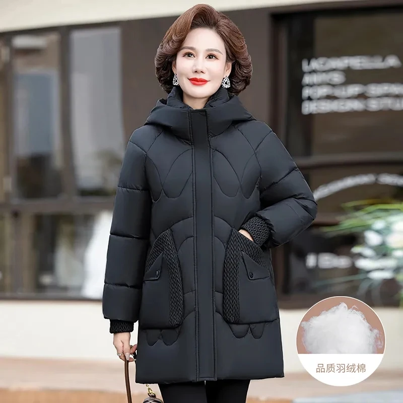 Womens Down Cotton Coat 2024 Winter Cotton-padded Parkas Female Warm Hooded Puffer Parkas Mother Clothing Cotton Overcoat Coats