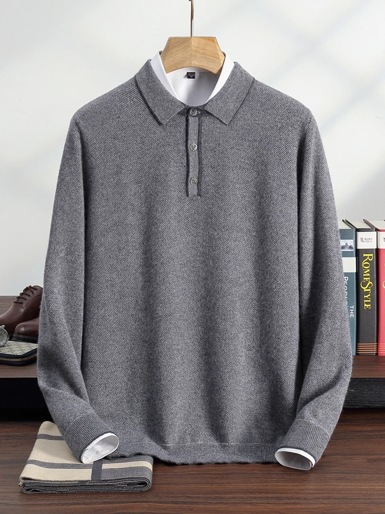 TLOML Men's 100% Cashmere Polo Sweater Autumn Winter Basic Smart Casual Long Sleeve Pullover Cashmere Knitwear Soft Comfy Tops