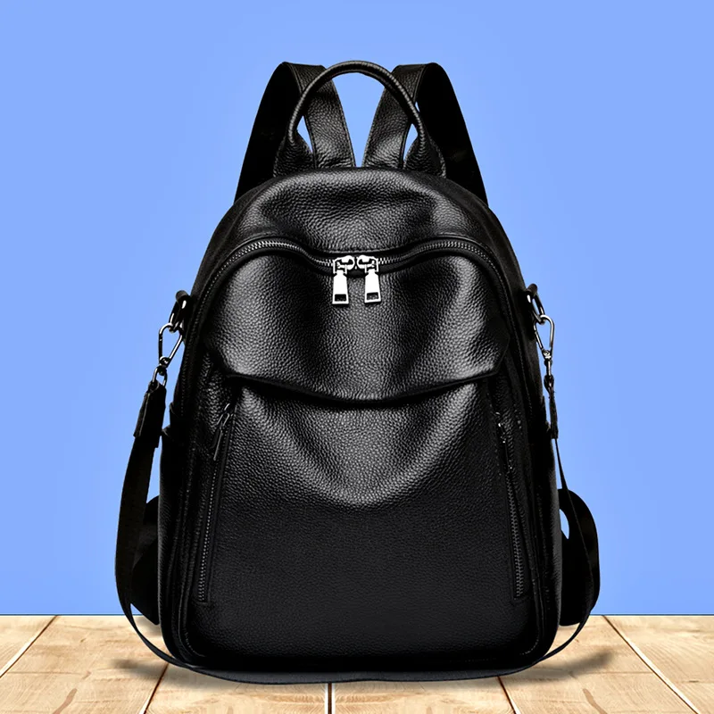 Women Black Genuine Cowhide Leather Backpack Anti Theft Hidden Zipper Convertible Shoulder Bag with Flap Pocket Daily