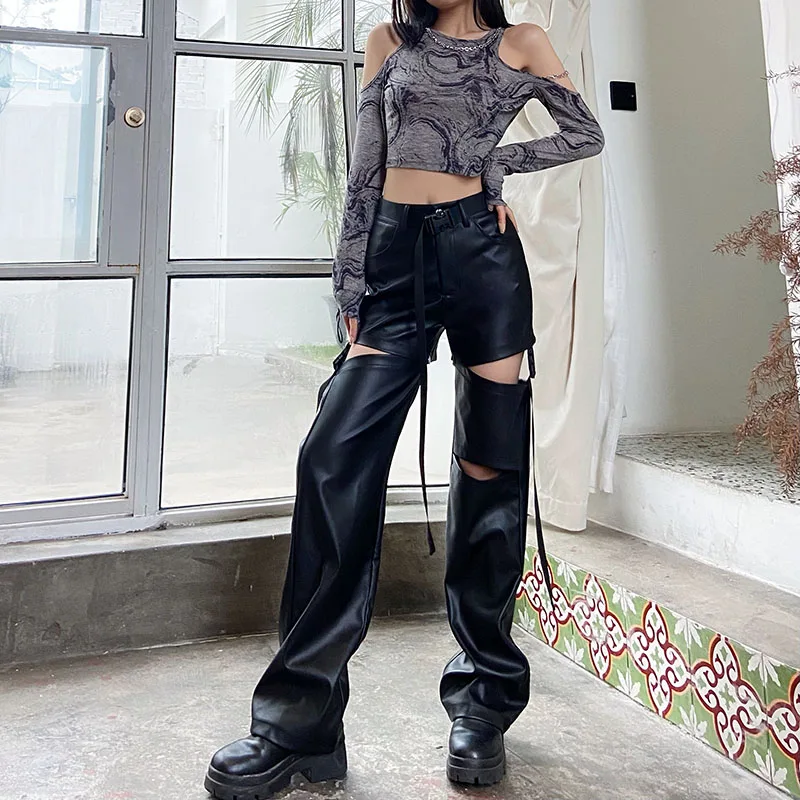 Harajuku Vintage Pants Black High Waist Detachable Hollow Out Pantalones PU Leather Streetwear Design Y2k 2000s Women's Clothing