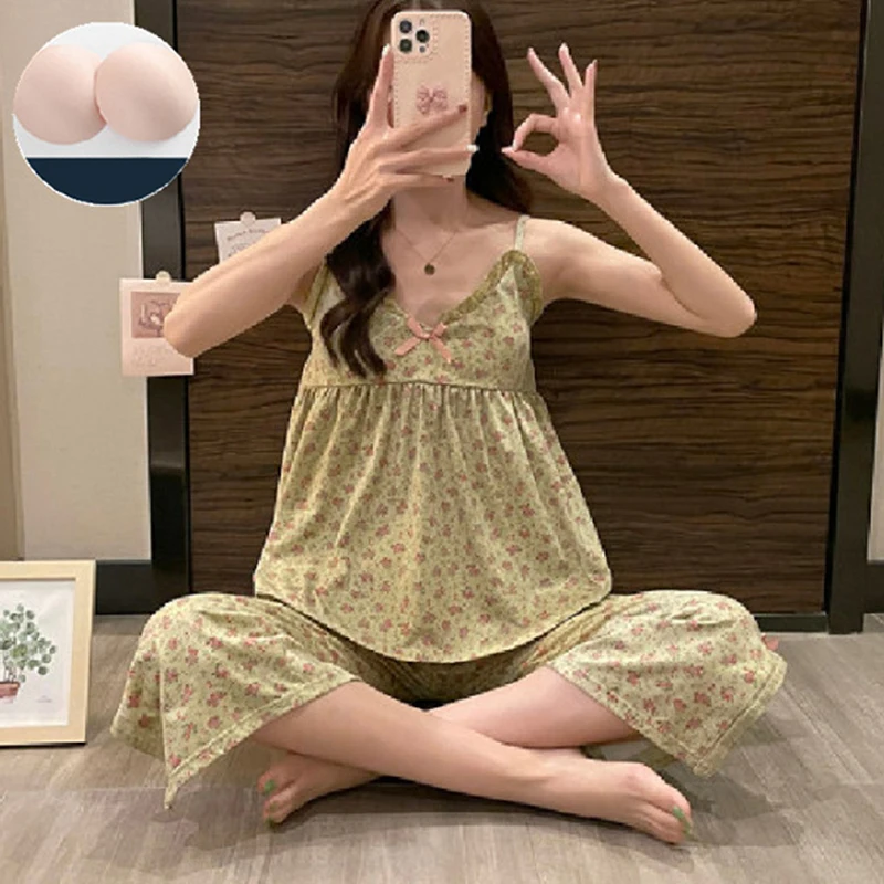 Set piyama motif bunga wanita, pakaian tidur renda leher V seksi gaya Korea