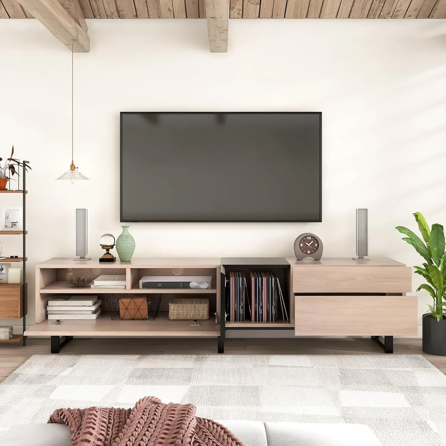 TV Stand w/ 3 Cabinets & Open Shelves, Minimalist Wooden Entertainment Center for TVs Up to 80”, Sturdy Console for Living Room