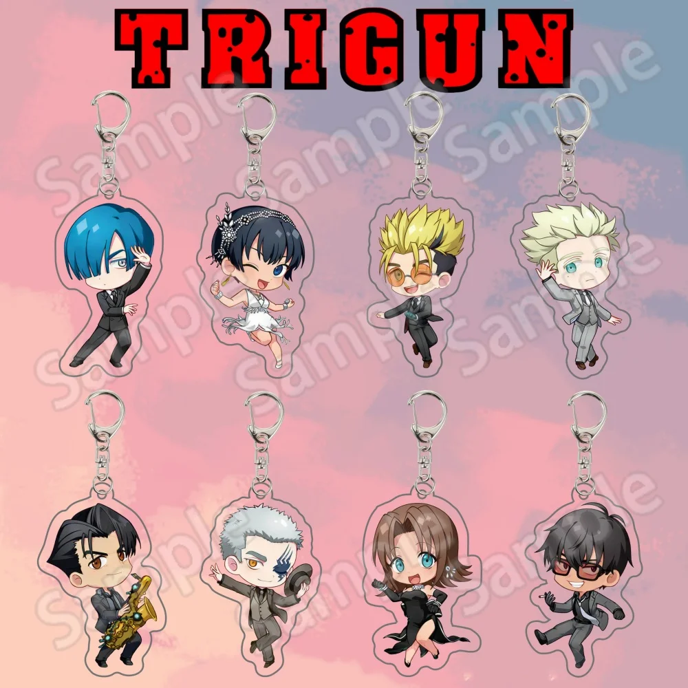Llavero de acrílico de Anime Trigun Stampede con diseño de Vash Wolfwood y Meryl, con accesorios de traje Stargaze y cuchillos, ideal como regalo.