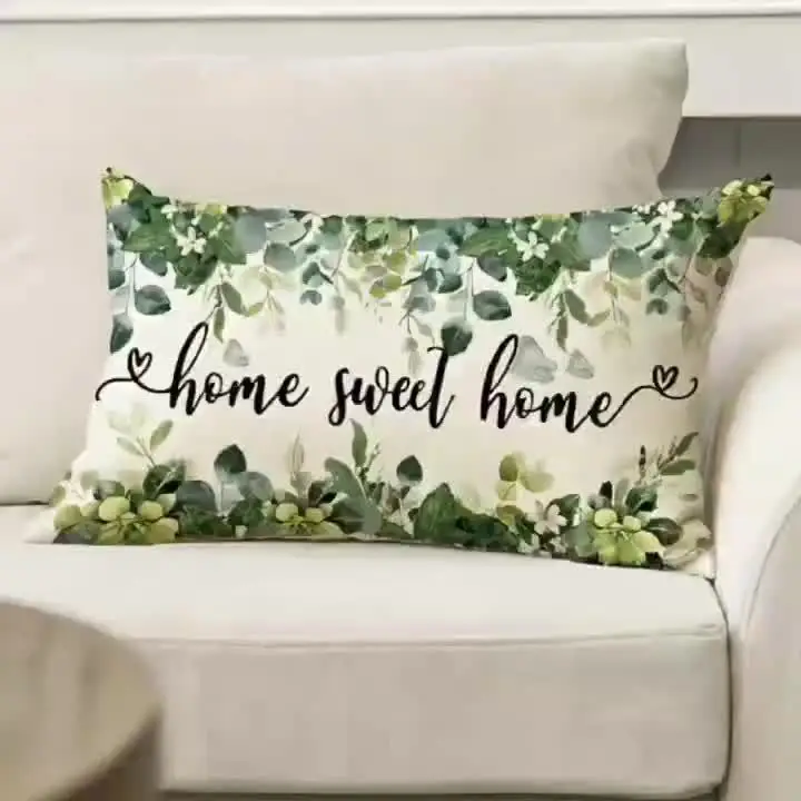 1pc Home Sweet Home Eucalyptus Greenery Themed Printed Lumbar Pillow Cover, Suitable for Sofa, Bedroom, Living Room, Entryway,