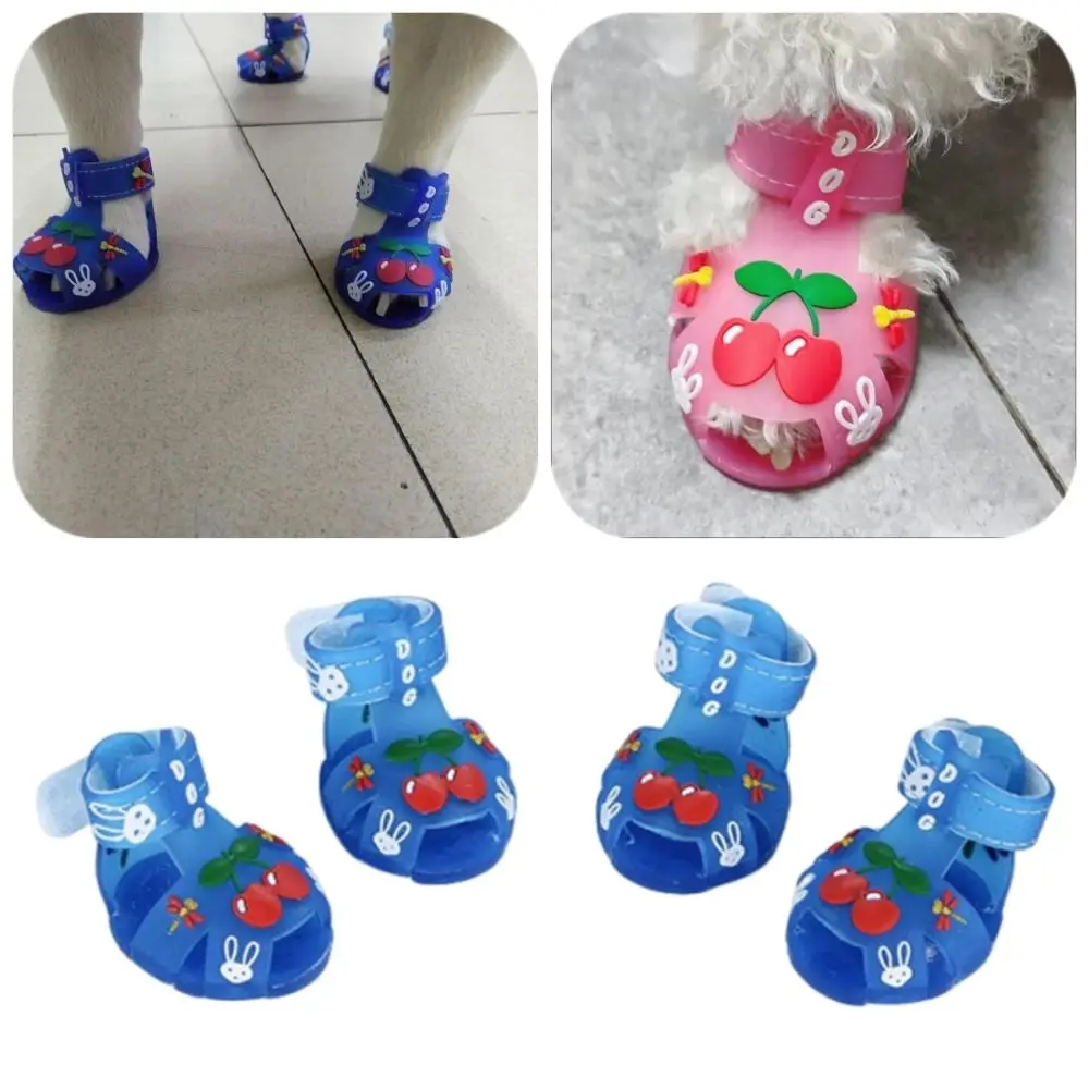 

4Pcs/Set Cartoon Dog Summer Jelly Sandals Soft Non-slip Breathable Dog Shoes Adjustable Comfortable Dog Paw Protector