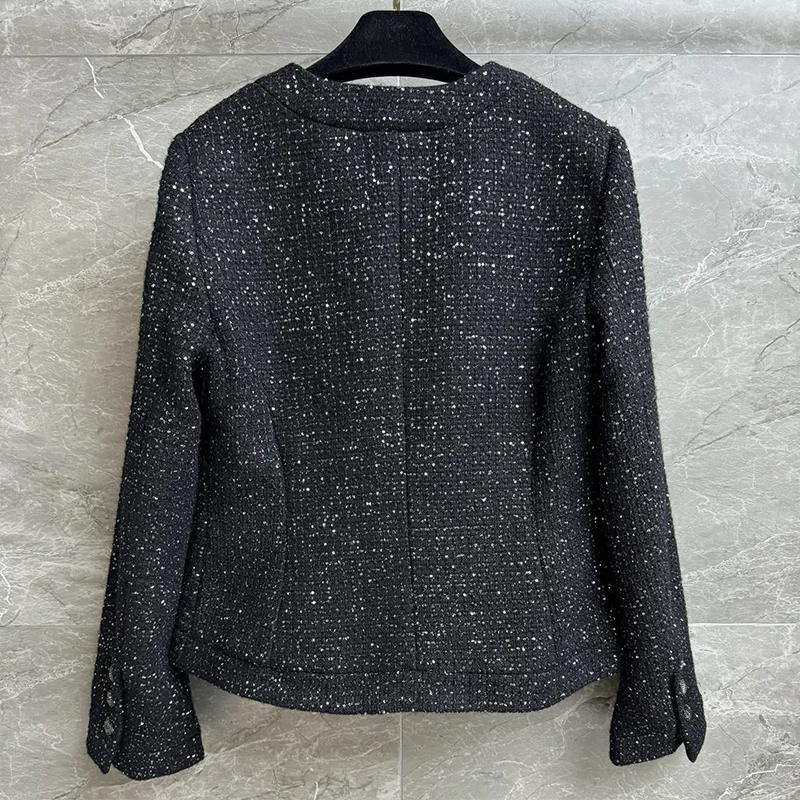 Wysokiej jakości tweedowy płaszcz damski z dekoltem w kształcie litery U, zdobiony cekinami, w stylu koreańskim, modna i stylowa kurtka 251107110