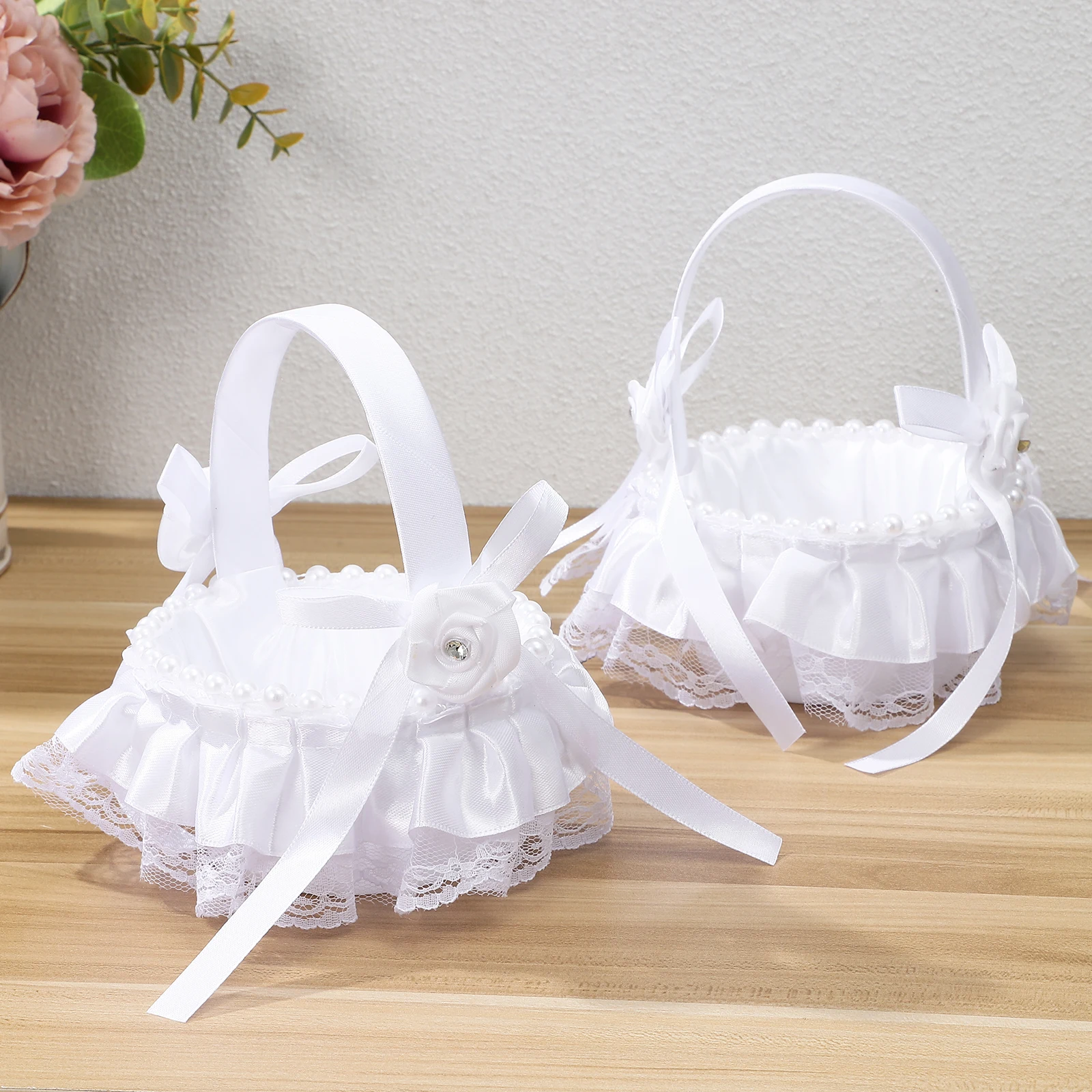 

4 Pcs Small Flower Basket Romantic Wedding Baskets Lace Pearl Girl with Bowknot Decorative