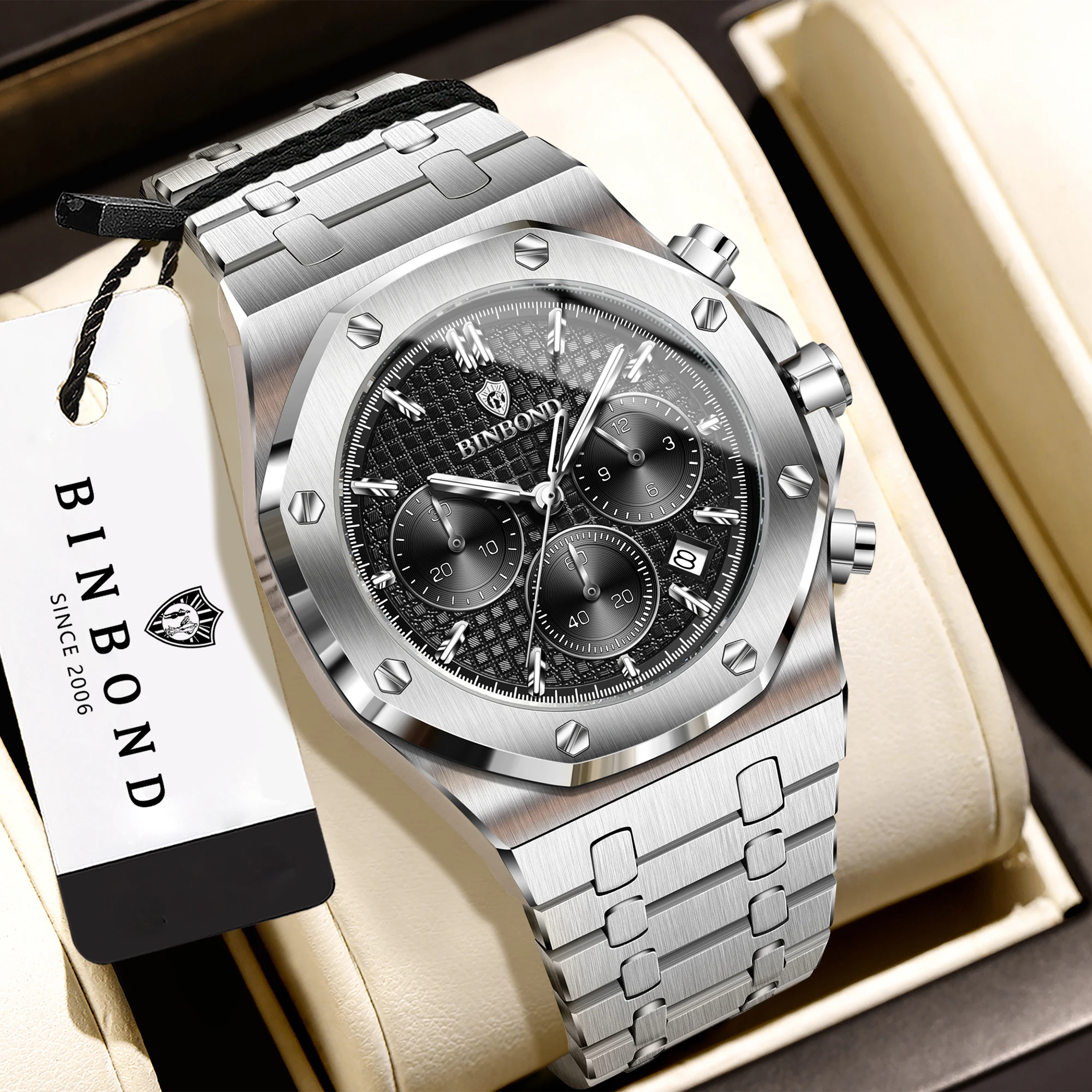 BINBOND Original Quartz Wristwatches For Men Luminous Chnorograph Waterproof Men's Watch Stainless Steel Luxury Reloj Hommes