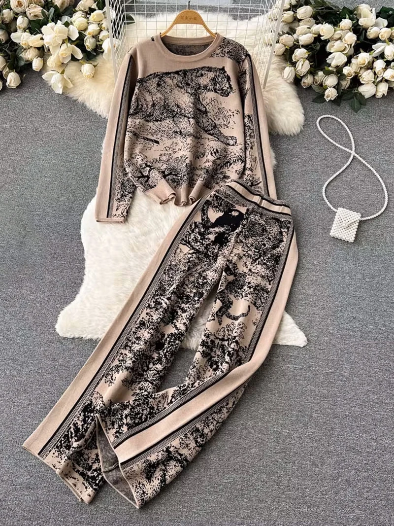 

Casual Tracksuit Women Two Piece Set Elegant Winter Knitted Pants Set Women Ink Tiger Knit Sweater Matching Sets For Women 2024