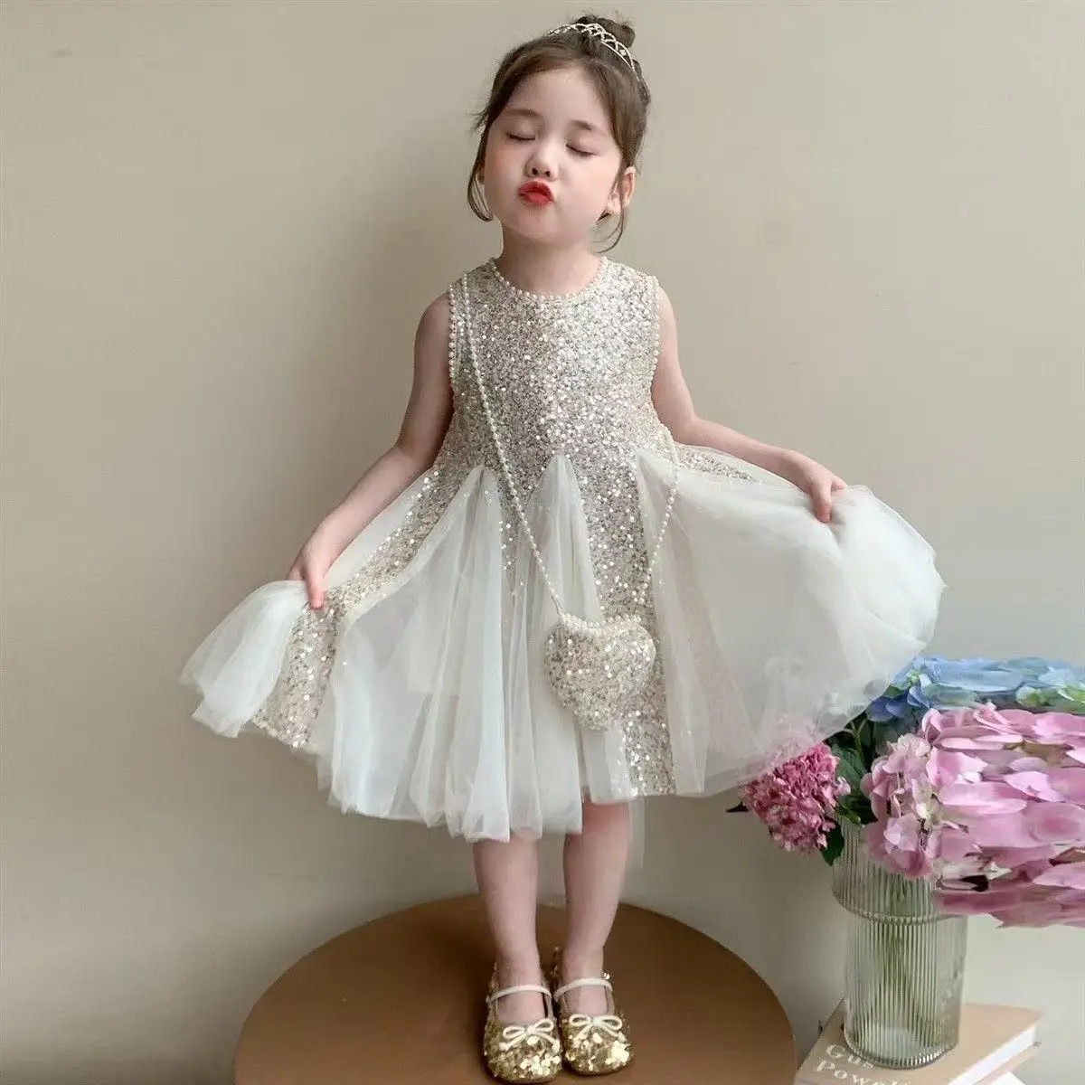 

New Kid Party DressesGirls Elegant Sequined Horn Skirt Baby Fashion Mesh Round Collar Sleeveless Skirt Western-style Vest Dress