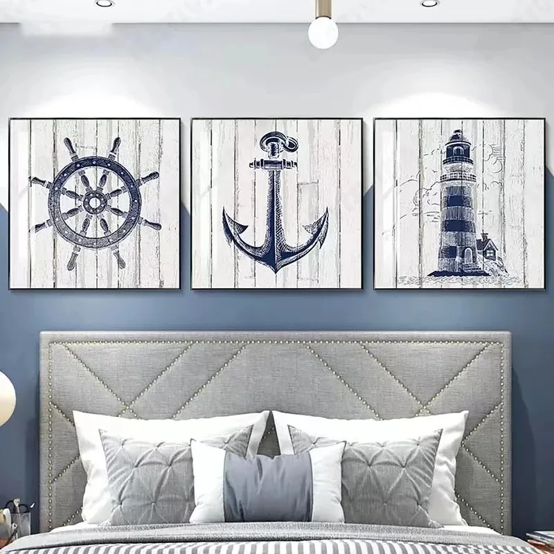 Nautical Chart Painting Lighthouse Canvas Painting Navy Picture Anchor Compass Poster Mediterranean Boy Room Home Decor