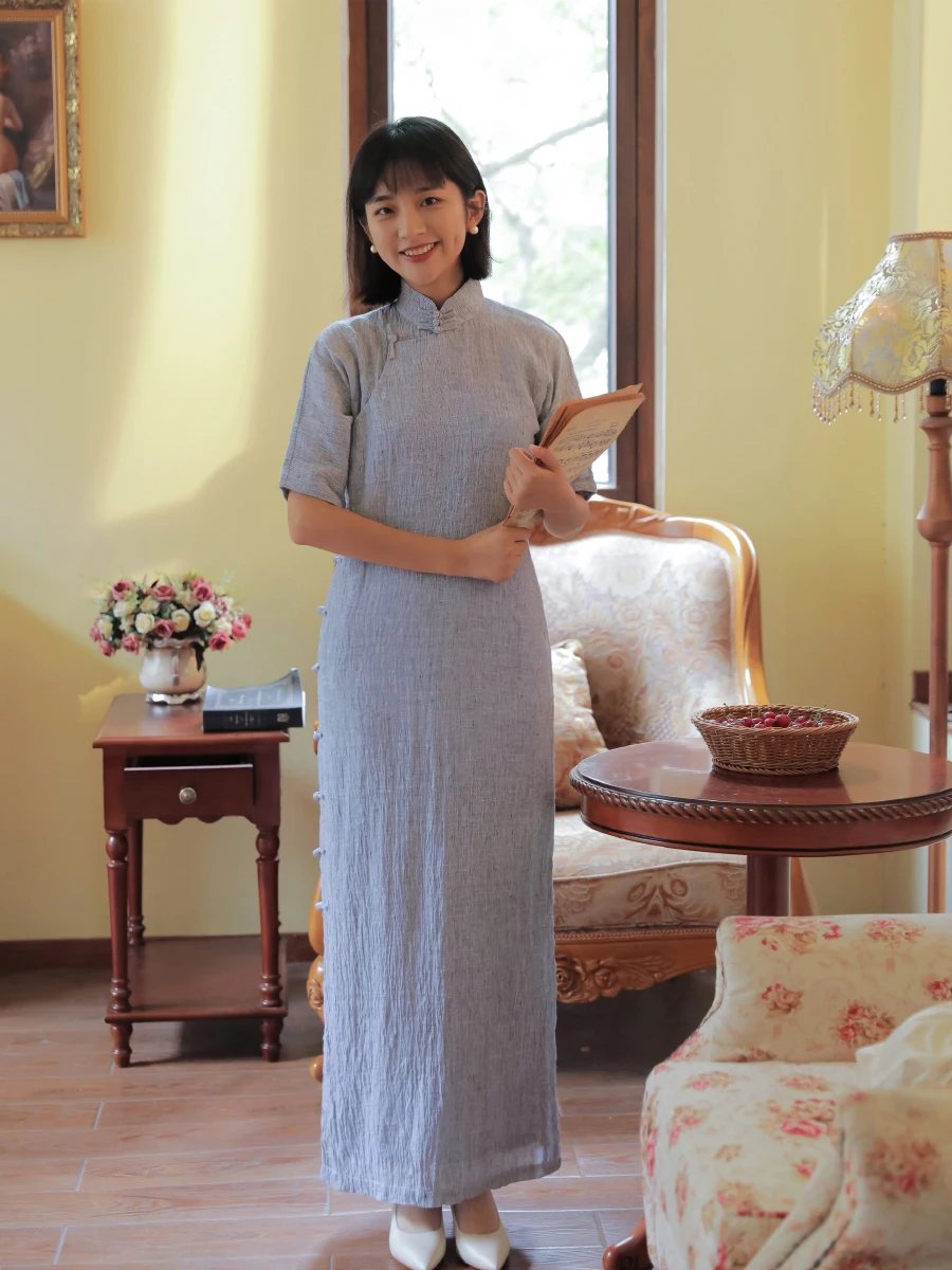

MJJ Qipao Linen Full Slit Midi Four-Quarter Sleeve Qipao Retro Daily Wear Low Slit Short Sleeve Pure Color Design for Women