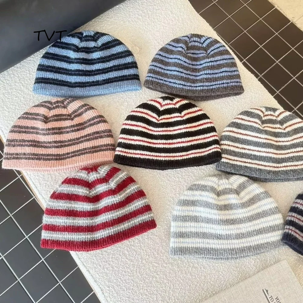 Cold Hat Wool Blend Striped Beanie Hat Color Blocked Soft Ribbed Knitted Cap Korean Style Thermal Warm Pullover Hat Cycling