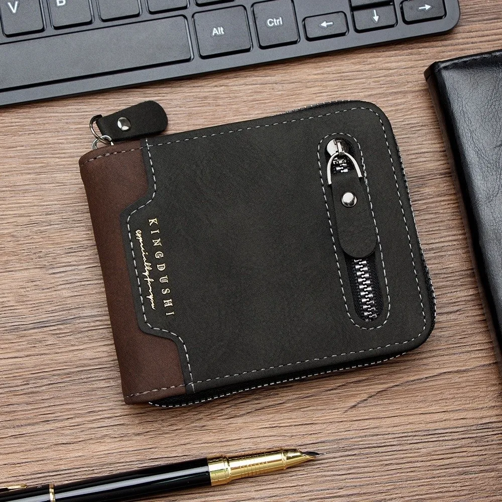 Portable Multi-position Men's Short Wallet Large Capacity Zipper PU Leather Coin Purse Multi-function Thin Card Holder Male