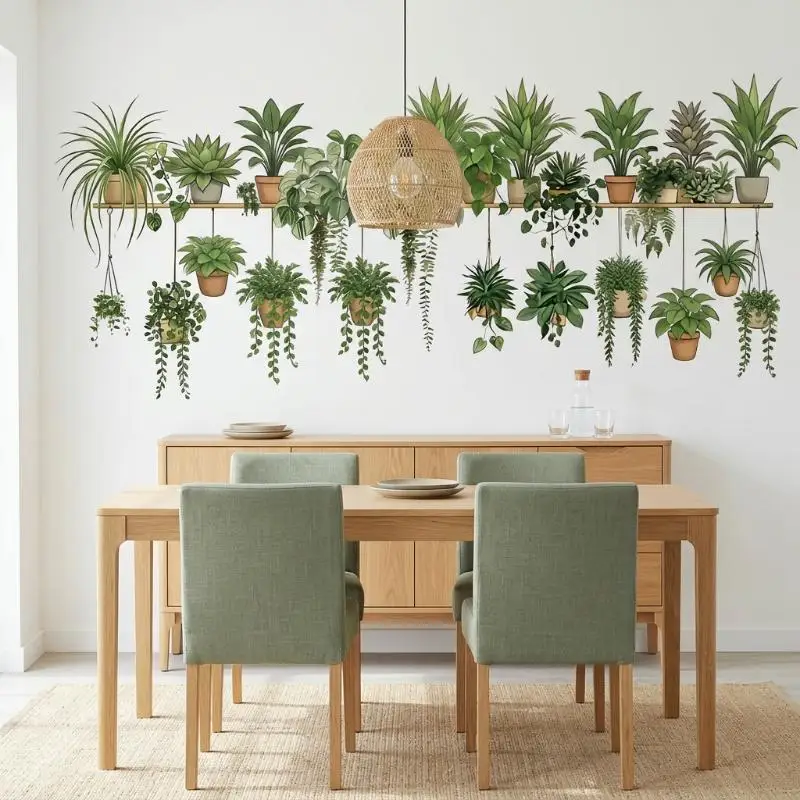 Potted Green Plants Wall Decal Self Adhesive Removable Realistic Vivid Print Sticker for Bedroom Bedside Background Home Decor