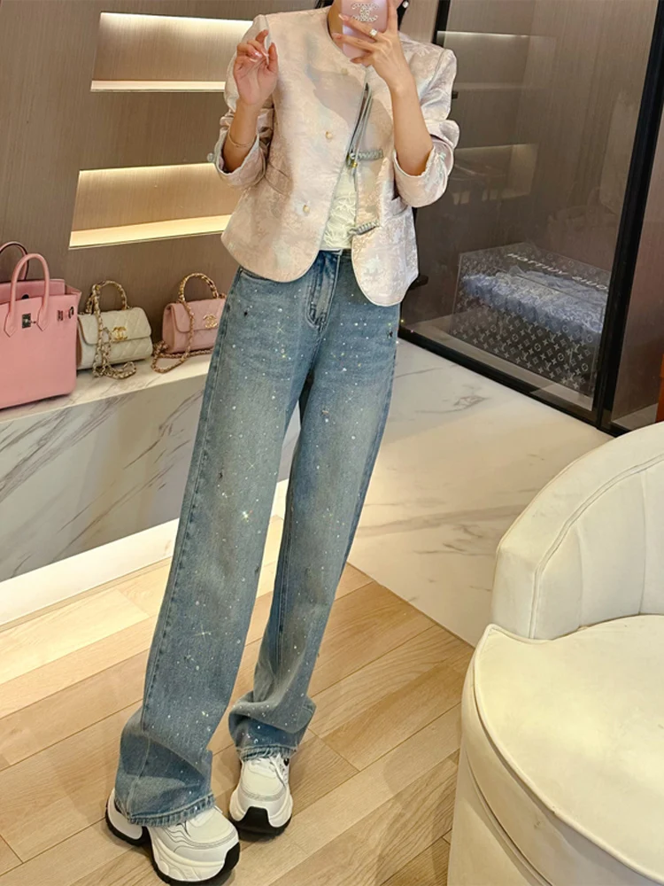 

iny сверкающие широкие джинсы скинни женские летние ярко-синие длинные прямые джинсовые брюки из смеси хлопка и полиэстера с высокой талией
