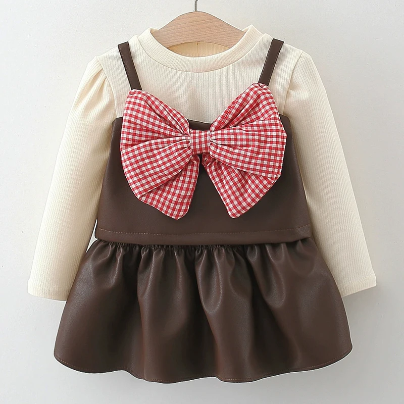 

3Piece Spring Fall Toddler Girl Clothes Korean Fashion Big Bow Vest+Tops+PU Skirt Baby Boutique Clothing Children's Sets BC2121
