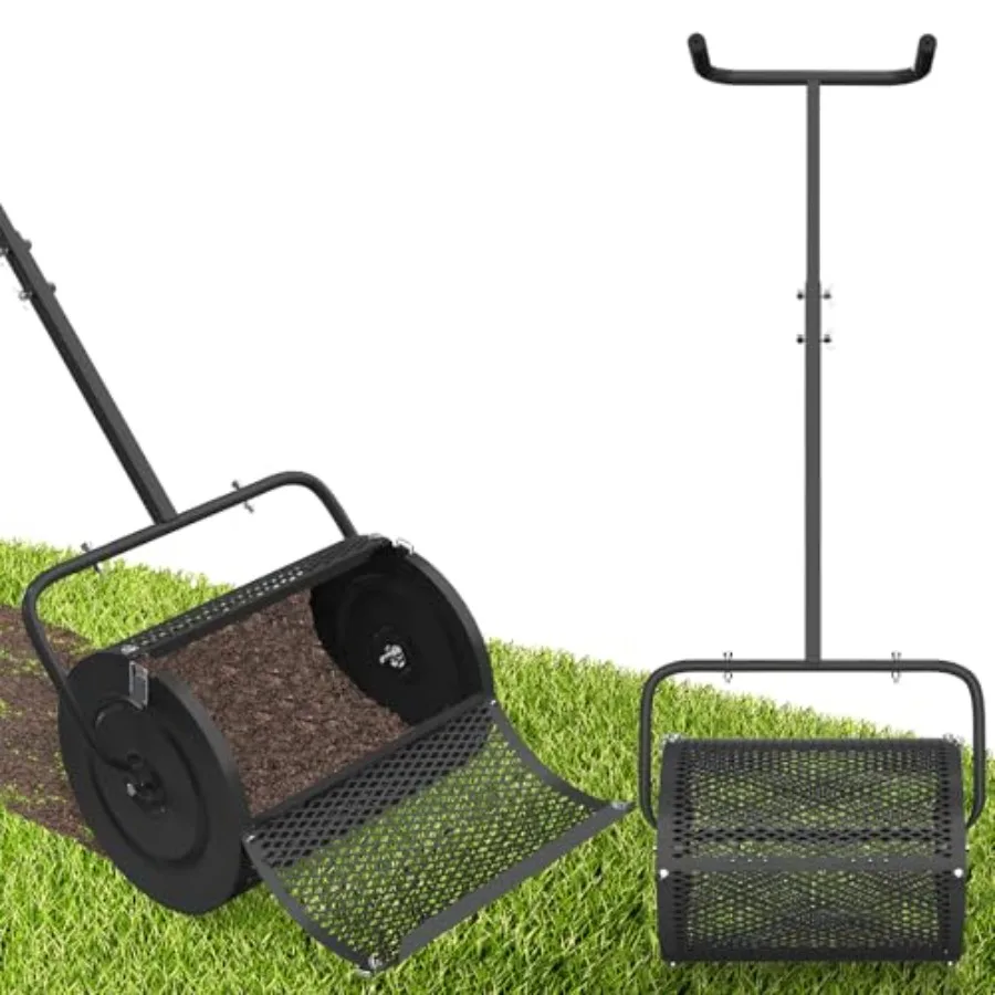 Garden compost spreader for top dressing and seeding heavy-duty steel construction black finish height-adjustable T-shaped hand