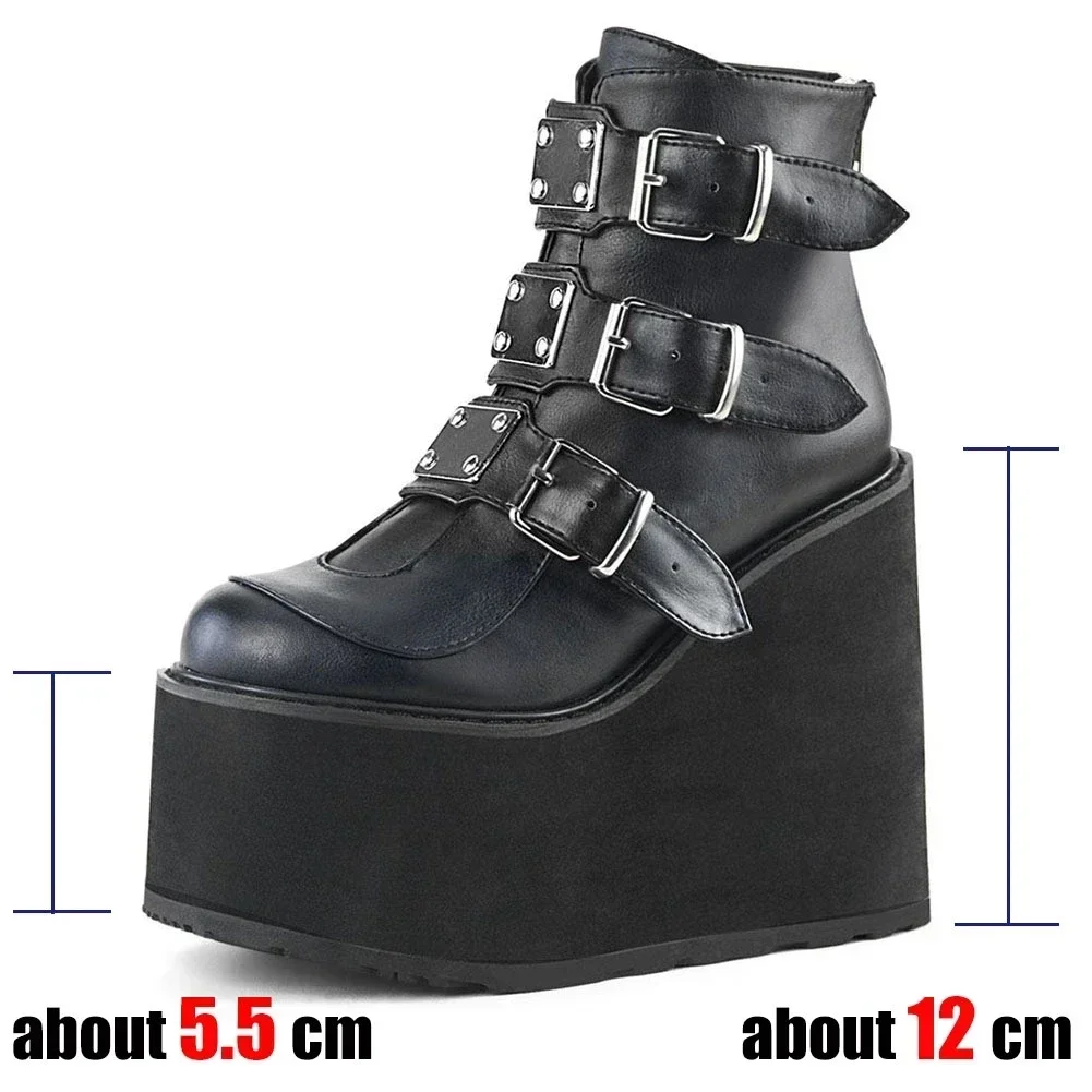 2023 Ankle Boots Platform Wedge Super High Heel Gothic Metal Heart Female Pumps Autumn Ladies Belt Round Toe Lolita Punk Shoe