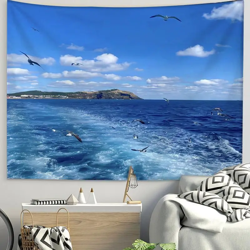 VIKAMA Blue Sea Seagull Sea View Tapestry, HD Wear-Resistant Fabric Wall Hanging for Coastal Living Room Home Decor