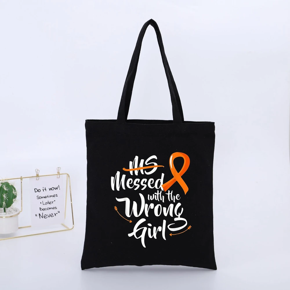 Orange Ribbon and Typography Print Canvas Tote Bag, Casual Style for Daily Shopping and Outings
