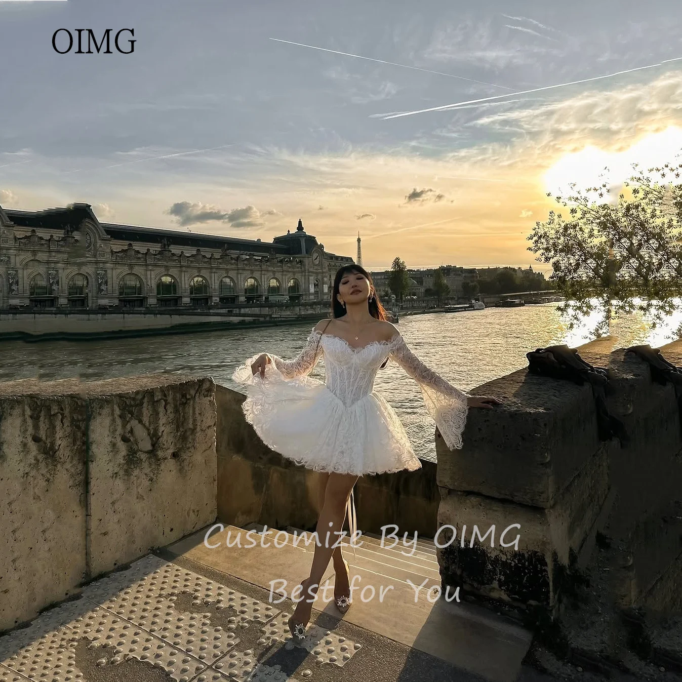 OIMG-Robe de Mariée en Dentelle Ivoire, Ligne A, Col en Cœur, Mini, Personnalisée