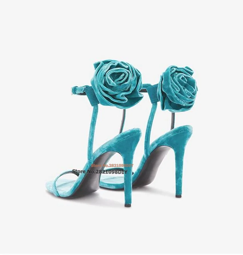 Blue Velvet Back Flower Thin High Heel Sandals Designer Padded One Belt Pattern Women Open Toe Slingback Strap Summer Shoes