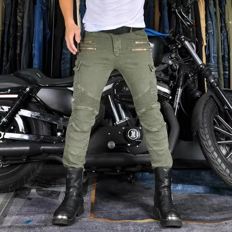 Motorcycle Riding Jeans Loong Biker Motocross Little Slim Protection Pants Four Seasons Casual Cycling Protective Trousers Green