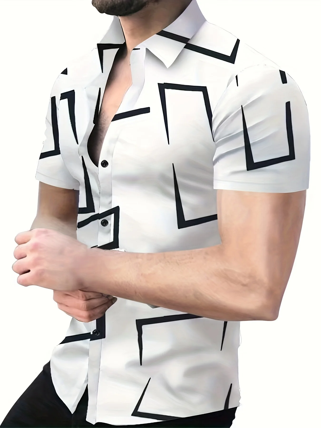 Fully matched geometric pattern men's short sleeve button down lapel shirt suitable for summer outdoors