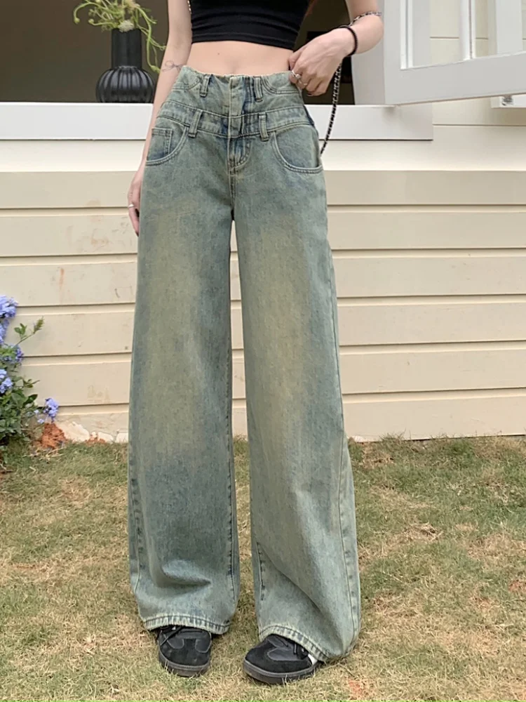 Eleganckie damskie spodnie z szerokimi nogawkami, wygodne, nowość, długie do podłogi, luźny krój, wyszczuplające jeansy, spodnie z wysokim stanem.
