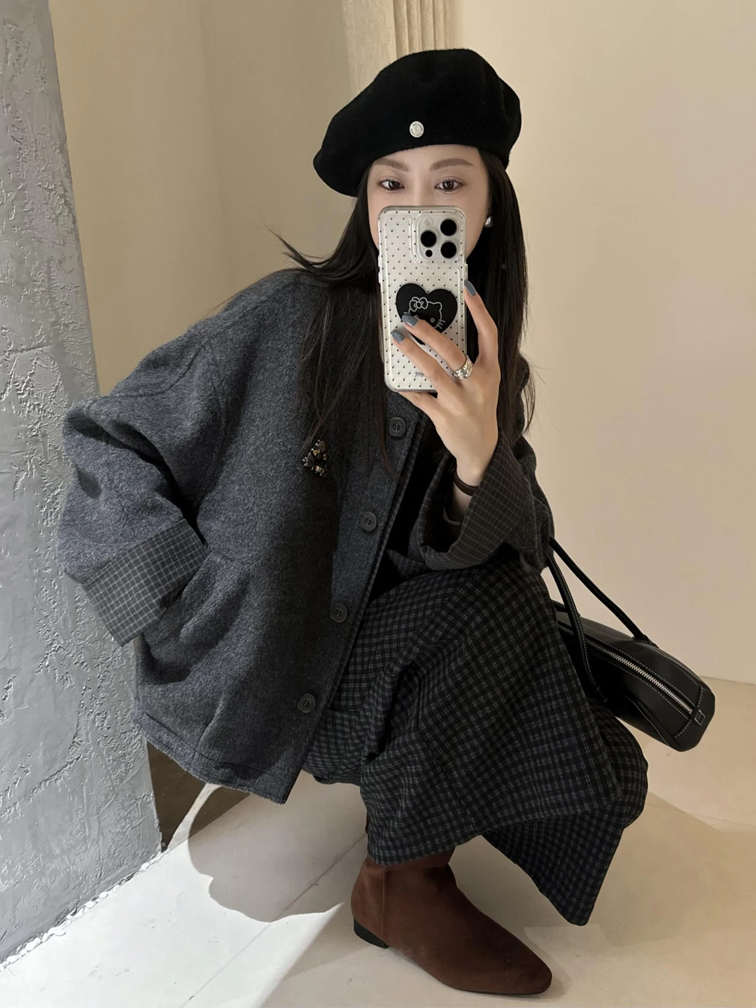 Ele ey Vintage Wollmantel für Damen, Wärmend, Kariert, Spleißdesign, Herbst-Winter, Koreanische Version, Gerader Schnitt