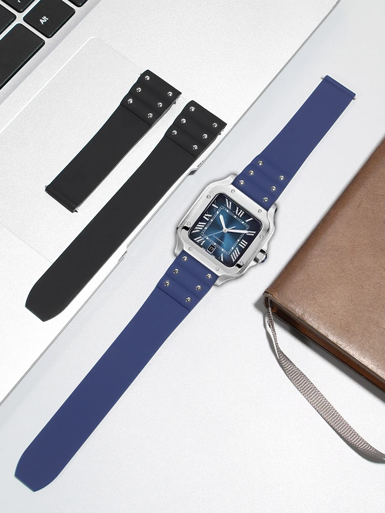 21 متر المعادن الصلب المسامير الفرقة ل كارتييه سانتوس ساندوز 100 WSSA0009 WSSA0018 حزام ساعة اليد سيليكون حزام الساعات المطاط الرجال معصمه