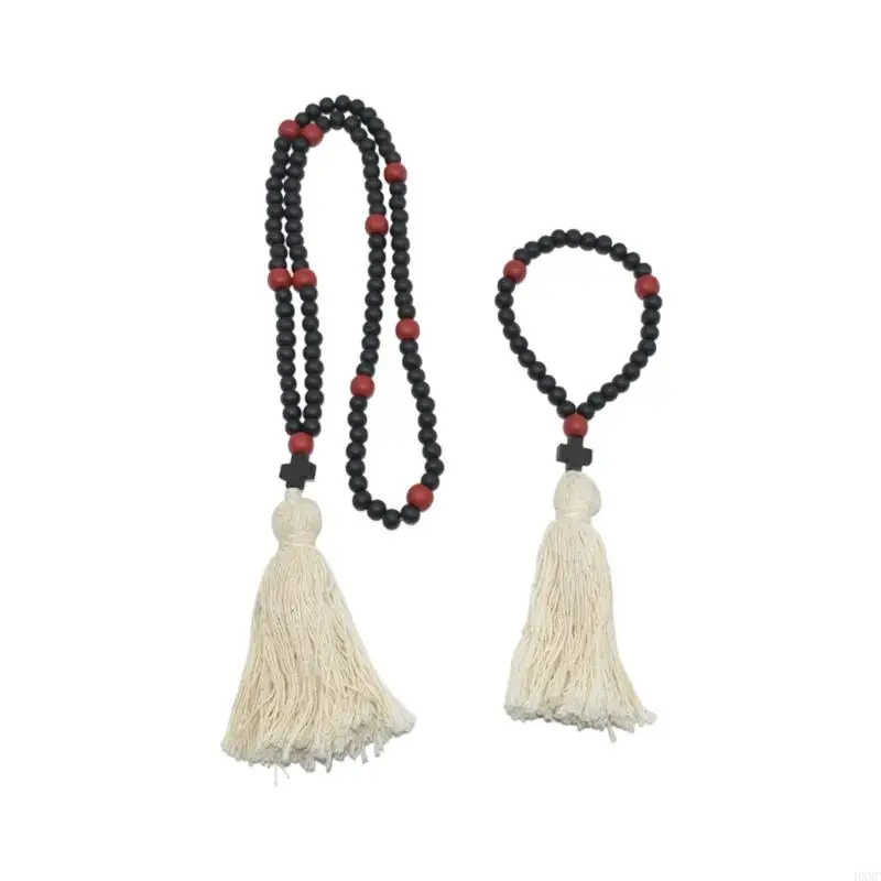 Rosario madera con cuentas, pulsera con cruces, borlas, collar cuentas oración, joyería católica hecha a mano, regalo y