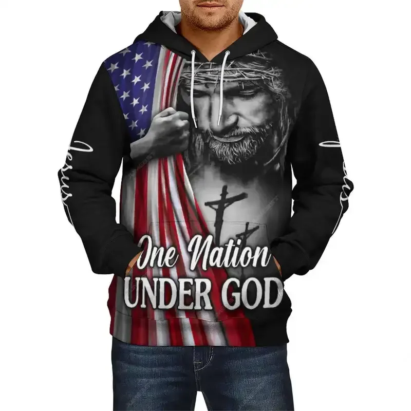 Jumeast 3D Printed Christian Jesus Men Hoodies One Nation Under God Hooded Sweatshirts American Veterans Day Drip Clothes Coats