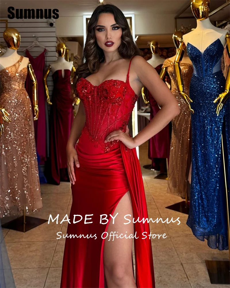 SUMNUS Elegant Red Spaghetti Strap Prom Dresses Mermaid Side Split Sweetheart Vestidos De Fiesta Floor-Length Evening Dress