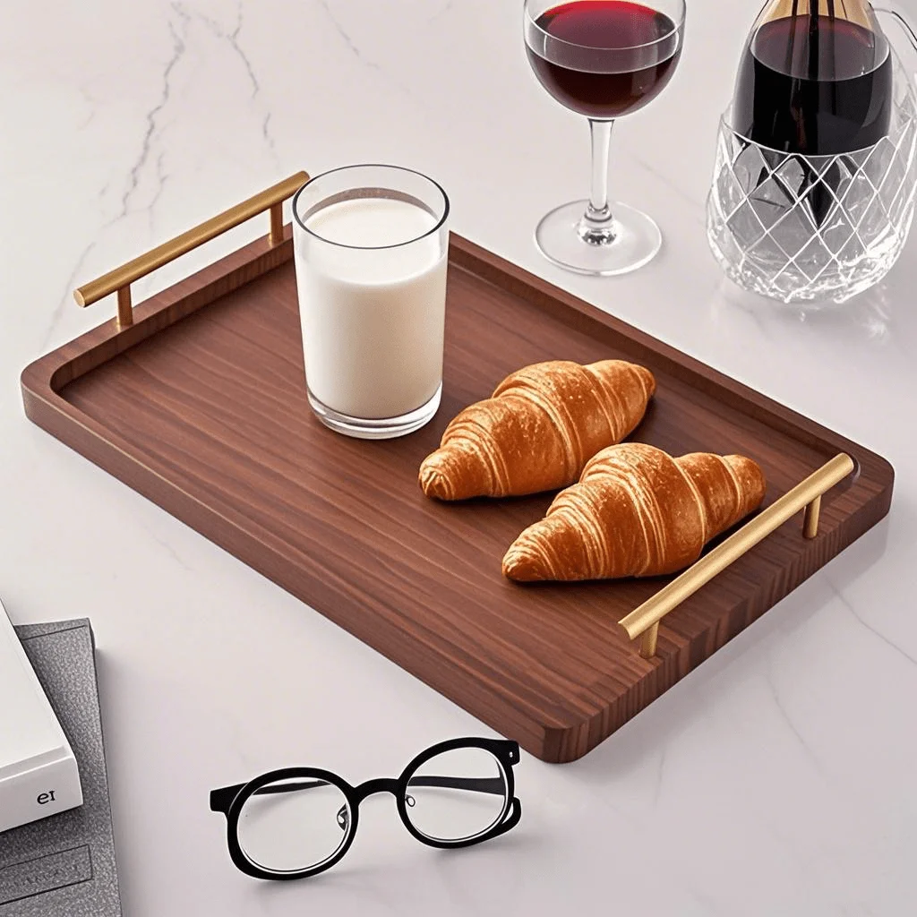 

1pc Rectangular Wooden Tea Tray with Handles,Polished Finish,Simple Design,Serving Platter for Breakfast,Fruits,Bread,Home Decor