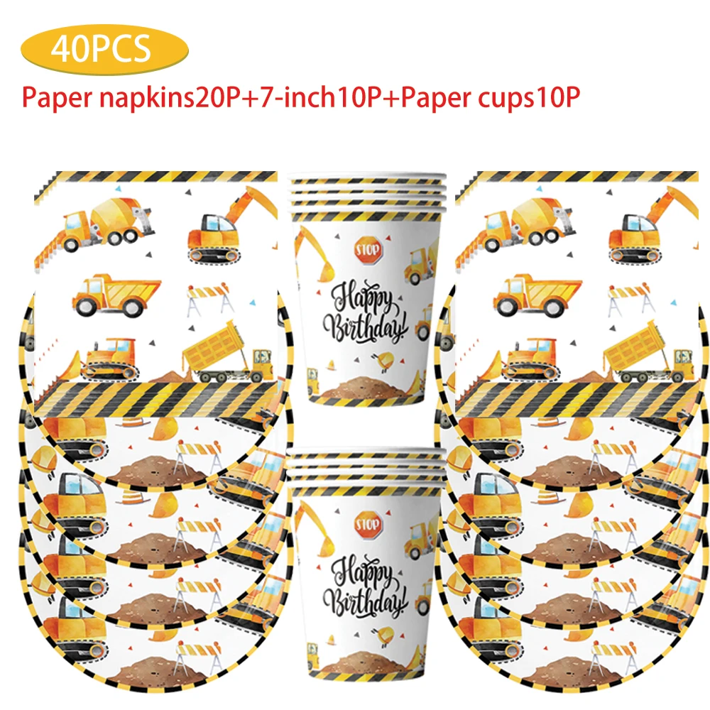 40/41/51/60 pcs Yellow backhoe theme party supplies Disposable plates Paper towels Paper cup tablecloth dining fork set tablewar